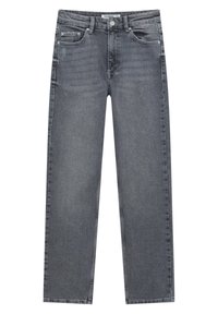 Jean droit gris en denim avec cinq poches, passants de ceinture et fermeture par bouton.