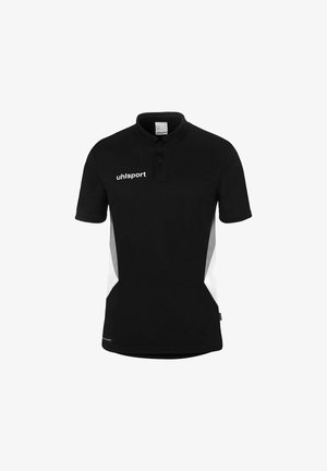 Polo de sport noir à manches courtes avec panneaux latéraux blancs et logo "uhlsport" sur le côté gauche de la poitrine.