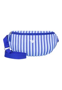 Striped waist bag in light blue and dark blue, made of soft material, featuring a zip closure and adjustable strap. Embroidered logo detail.