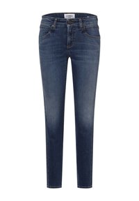 Mörkblå denimjeans med slim fit, som har frontfickor, gylf med dragkedja och subtila blekningar på låren för en strukturerad look.