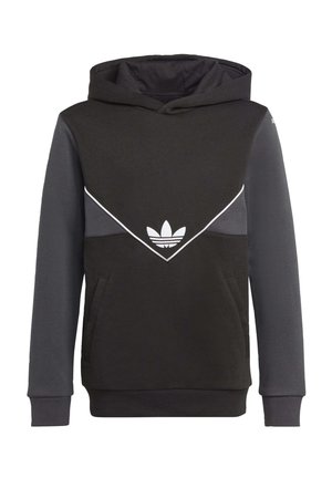 Sweat à capuche Adidas noir et gris foncé avec logo blanc et motif chevron, poche kangourou à l'avant et capuche.