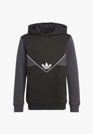 Schwarzer und dunkelgrauer Adidas Hoodie mit weißem Logo und Chevron-Design, vordere Kängurutasche und Kapuze.