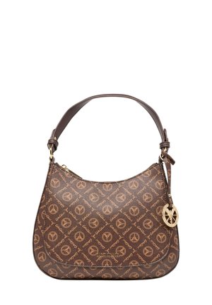 Braune Designertasche mit wiederholtem kreisförmigem Logo-Muster, einem Schulterriemen, goldenem Reißverschluss und hängendem goldenem Emblem-Anhänger.