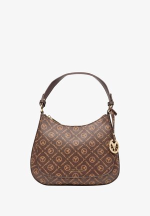 Braune Designertasche mit wiederholtem kreisförmigem Logo-Muster, einem Schulterriemen, goldenem Reißverschluss und hängendem goldenem Emblem-Anhänger.