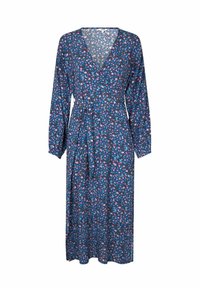 Robe florale en tissu bleu avec des manches longues, décolleté en V, taille cintrée et une jupe fluide ornée de petites fleurs roses et blanches.