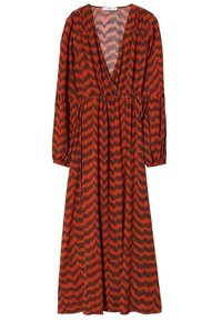 Maxikleid mit langen Ärmeln und rot-schwarzem gewelltem Zickzackmuster, tiefem V-Ausschnitt und gerafftem Taillenbereich mit verstellbaren Seitenschnüren.