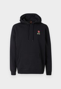 Felpa con cappuccio nera in cotone, dotata di tasca anteriore. Presenta un motivo ricamato di rose rosse e verdi sul petto.
