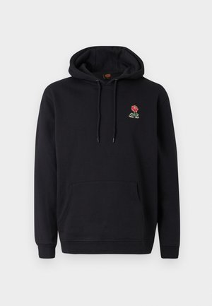 Zwarte hoodie gemaakt van katoen met een voorzak. Bevat een geborduurd rozenontwerp in rood en groen op de borst.