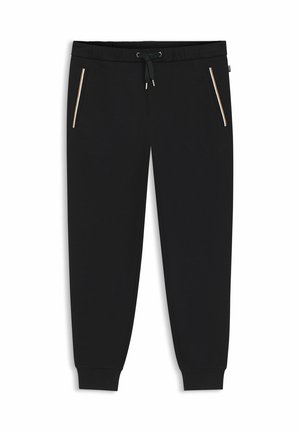 Zwarte joggerbroek gemaakt van zachte stof met een taillekoord, taps toelopende pijpen en twee met ritsen afsluitbare zakken met gouden accenten.
