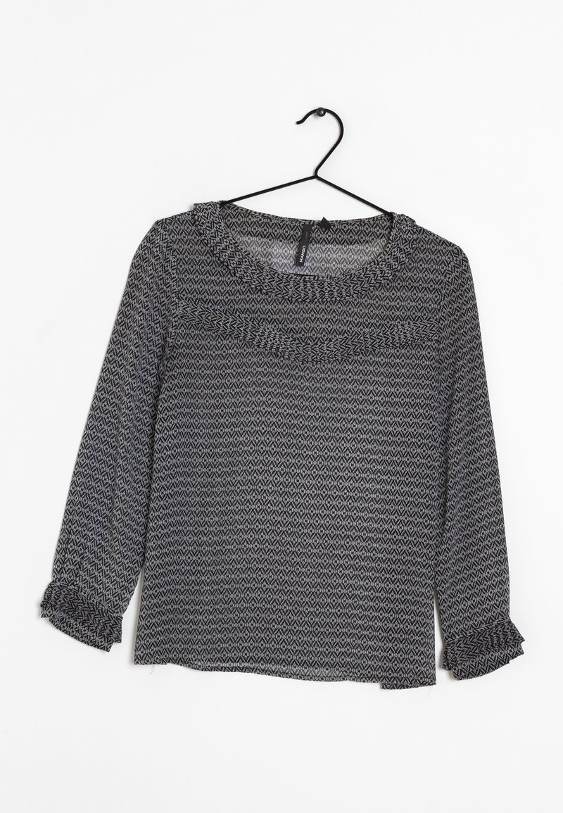 Maglietta a manica lunga con motivo geometrico bianco e nero, collo rotondo e polsini arrotolati, realizzata in tessuto leggero.