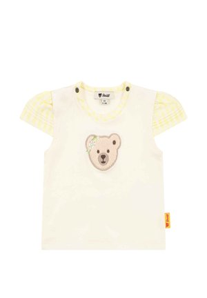 Cream baby shirt with yellow checkered puff sleeves and an embroidered bear face with flowers on the front, size 2-3 months.