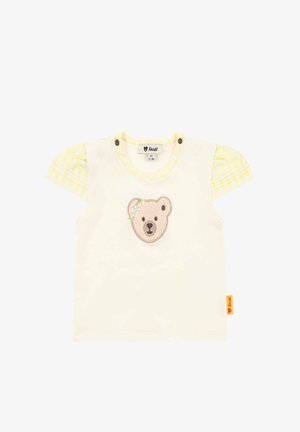 Cremefarbenes Babyshirt mit gelben karierten Puffärmeln und einem bestickten Bärengesicht mit Blumen auf der Vorderseite, Größe 2-3 Monate.