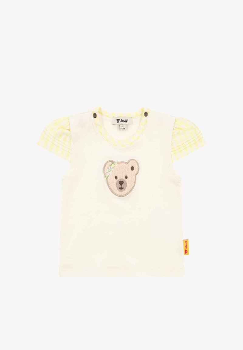 Chemise bébé crème avec manches bouffantes à carreaux jaunes et visage d'ours brodé avec des fleurs sur le devant, taille 2-3 mois.