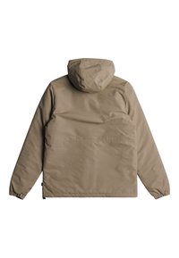 Beige huva jacka med en slät textur, elastiska ärmslut och rak fåll. Minimalistisk design utan synlig hårdvara eller accentuerande detaljer.
