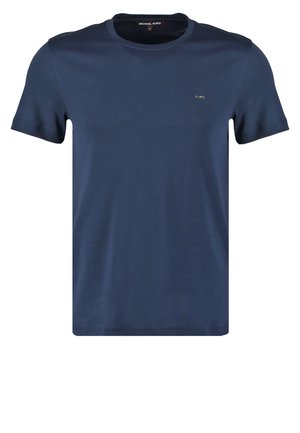 T-shirt en coton bleu marine avec des manches courtes, col rond et un petit logo sur la poitrine. Texture douce, coupe régulière, design minimaliste.