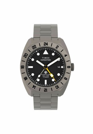 Titanium Timex Expedition wristwatch with black dial, white hour markers, yellow second hand, date display, and 24-hour bezel.
