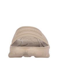 Beige slide sandal with a textured strap and contoured footbed, featuring a brand logo embossed on the upper. Durable rubber sole design.