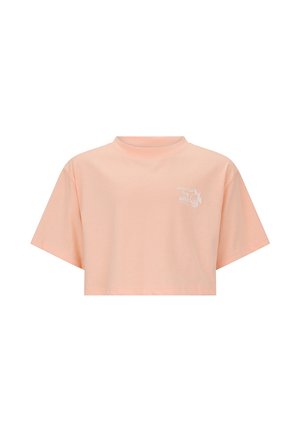 Pfirsichfarbenes kurzes T-Shirt mit kurzen Ärmeln und kleinem weißem Text sowie Zitronengrafik auf der linken Brust.