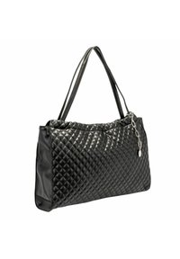 Borsa a tracolla nera con motivo trapuntato e dettagli in pelle liscia, dotata di chiusura zip, doppio manico e una catena decorativa in argento con etichetta.