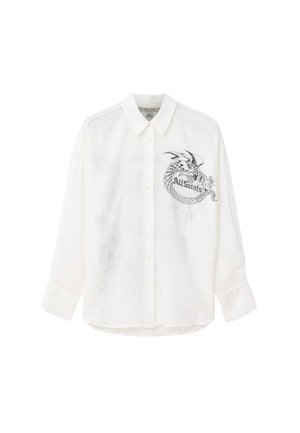 Wit overhemd met lange mouwen, voorzien van een zwarte draakafbeelding en de tekst "AllSaints" aan de linkerkant. Glad stof, klassieke kraag.