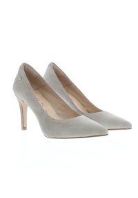 Gray suede high heels with pointed toes and a slim stiletto heel. Features a small decorative accent on the heel. Smooth texture.