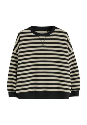 Schwarz-beiges Sweatshirt mit horizontalen Streifen und langen Ärmeln, gerippten Bündchen, Saum und Kragen auf weißem Hintergrund.