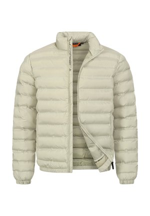 Lichtbeige gewatteerde jas met een rits aan de voorkant, hoge kraag, ribbelmanchetten en een doorgestikt ontwerp met horizontale baffles.