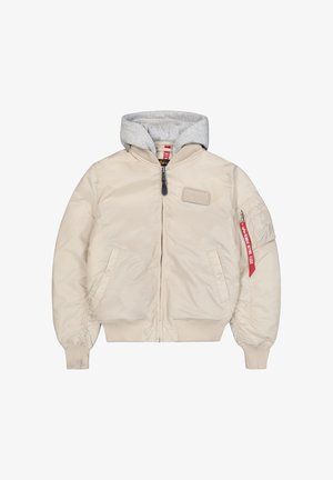 Béžová prešívaná bomber bunda so šedou kapucňou, zipsovým uzáverom, rebrovanými manžetami, dvoma bočnými vreckami a detailom červenej nálepky na rukáve.
