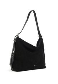 Musta mokkanahkainen käsilaukku, jossa on rento muotoilu, säädettävä yksittäinen nahkahihna ja pieni logoyksityiskohta edessä.