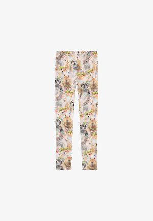 Leggings realizzati in tessuto morbido, con una stampa giocosa multicolore di vari animali con accenti floreali su uno sfondo rosa chiaro.