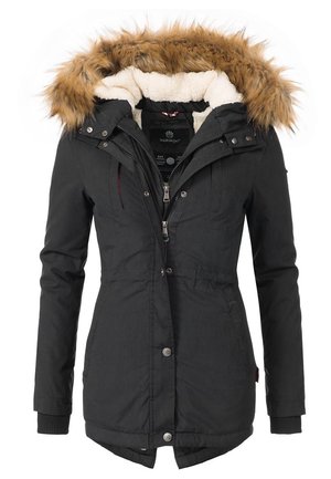Manteau d’hiver noir avec intérieur matelassé, taille ajustable, fermeture éclair et boutons-pression, et une capuche doublée en polaire blanche avec bordure en fausse fourrure marron.
