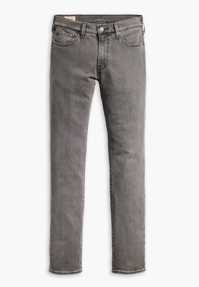 Jean en denim gris avec une coupe slim, un design à cinq poches et un délavage subtil. Comprend une fermeture à bouton et des passants de ceinture.