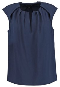 Tmavě modrá halenká bez rukávů s plisovaným předním dílem, kulatým výstřihem a měkkou tkaninou. Jemný lesk, mírně zaoblený spodní lem a volnější střih.