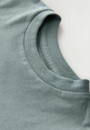 Korte mouwen shirt in gedempt teal, met een geribbelde ronde hals en een gladde textuur. Close-up weergave met focus op de kraagdetails.