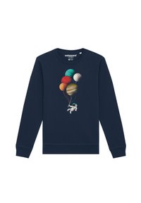 Sweatshirt bleu marine avec un col rond, mettant en avant un astronaute tenant des planètes colorées sous forme de ballons dans un design graphique imprimé.