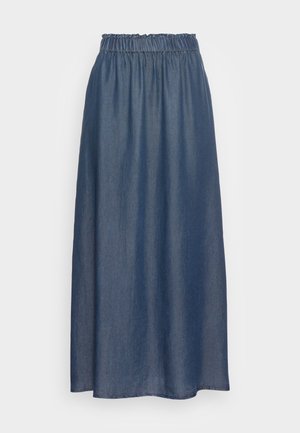 Denim maxi krilo z elastičnim pasom, globoko modre barve, tekočega dizajna in ravne silhuete, s gladko teksturo in robom.