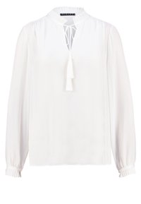 Vit blus tillverkad av lätt tyg, med en plisserad krage, nyckelhålsurtagning med knytband, och långärmar med volangärmar.