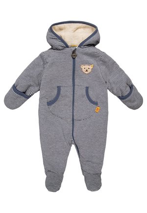 Striped gray and blue infant hooded jumpsuit with built-in mittens, feet coverings, front pockets, and teddy bear patch on chest.