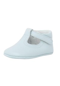 Scarpa in pelle blu chiaro con punta arrotondata, cinturino regolabile e design a intaglio. Rivestimento interno morbido con dettagli di cucitura.