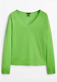 Pull vert à col en V à manches longues avec ourlet et poignets côtelés, présenté à plat sur fond blanc.