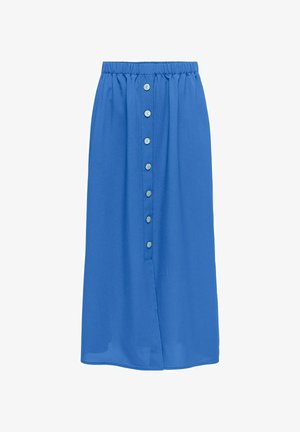 Kék midi szoknya könnyű anyagból, rugalmas derékkal és elöl gombos záródással. Gombos középső rész és egyenes vonalú fazon jellemzi.