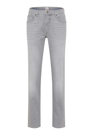 Lichtgrijze jeans met rechte pijpen, voorzijde met knopen, ritssluiting en een ontwerp met vijf zakken, gemaakt van stretch denim stof.