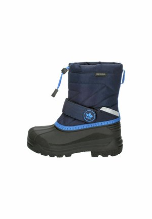 Child's navy blue and black winter boot with blue trim, adjustable strap, and drawstring closure at the top for a secure fit.