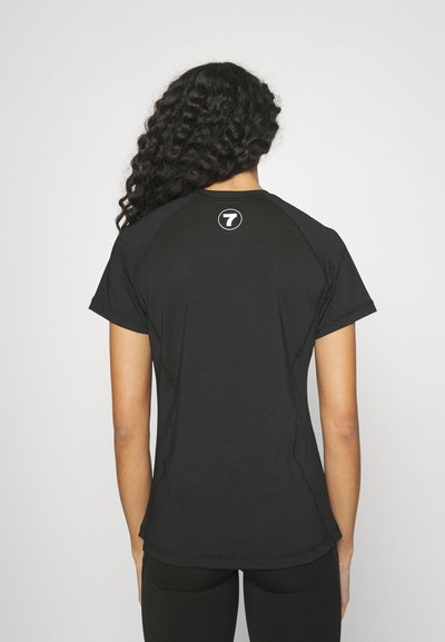 Black athletic t-shirt with short sleeves, featuring a round neckline and a small circular logo on the upper back. Smooth, fitted texture.