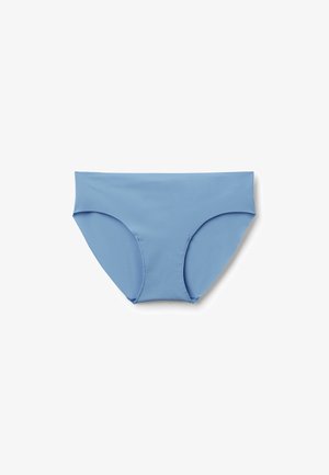 Culotte de bikini femme sans coutures bleu clair avec une finition lisse, présentée à plat sur un fond blanc.