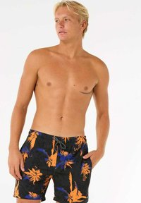 Shorts de bain noirs avec des motifs floraux bleus et orange, taille à cordon, et coupe décontractée. Conçus pour les activités aquatiques.
