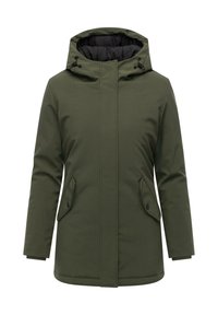 Zielono-oliwkowy ocieplany płaszcz zimowy z regulowanym kapturem, przednimi kieszeniami z klapkami i guzikami oraz pełnym zamkiem błyskawicznym z osłoną na sztorm.