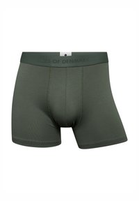 Mörkgröna herrboxershorts i mjukt, stretchtåligt material, med en bred midjeband som har texten "JBS OF DENMARK" och en figursydd design.