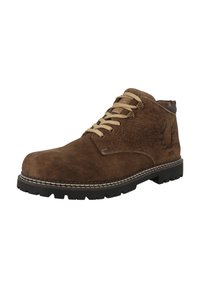 Botas de tobillo de ante marrón con cordones beige, punta redonda y suela de goma con un patrón de banda de rodadura resistente. Detalle del logo grabado en el lateral.