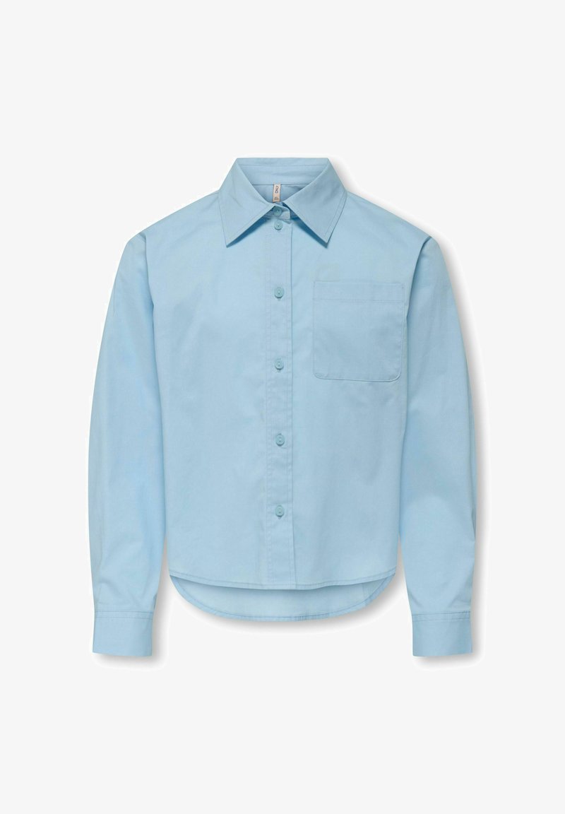 Cămașă albastru deschis, cu guler clasic, mâneci lungi, un buzunar la piept și tiv curbat. Fabricată dintr-un material neted și ușor.